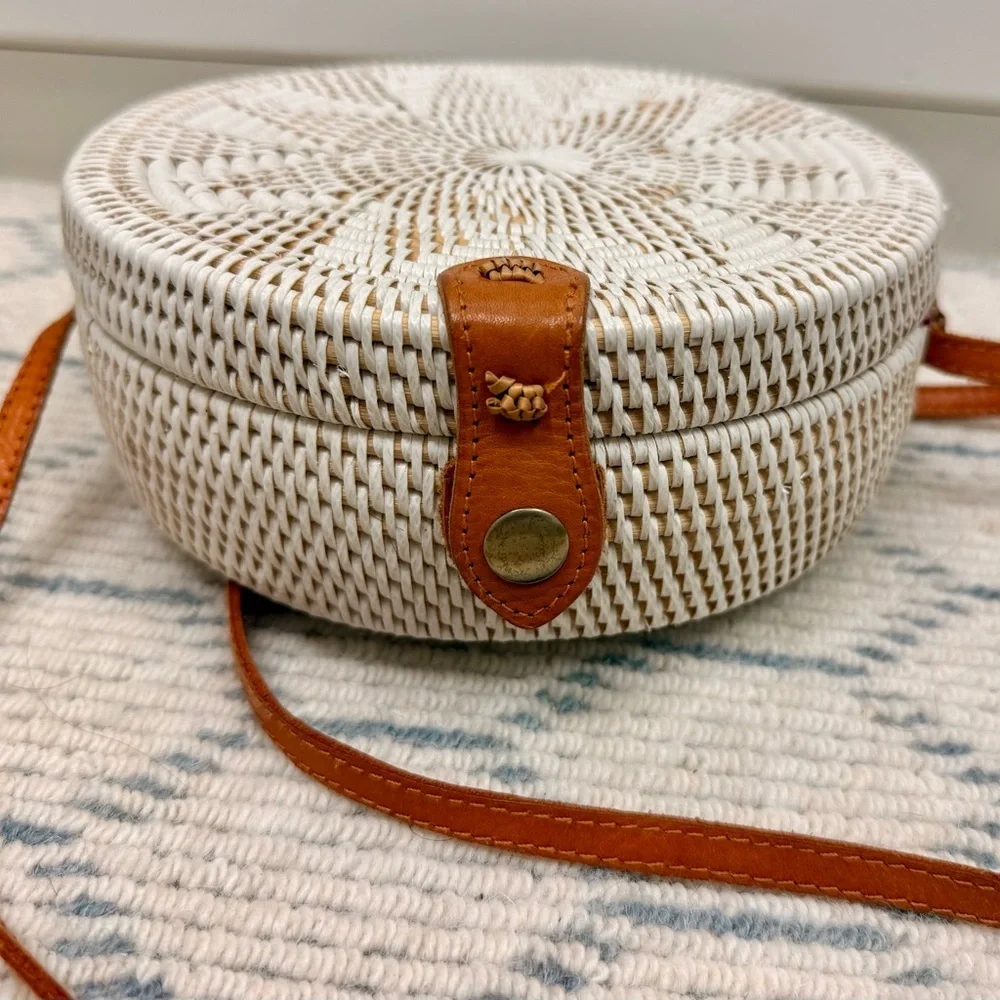 HANDMADE White Woven Boho Rattan Round Crossbody Leather Strap Tropical Lining